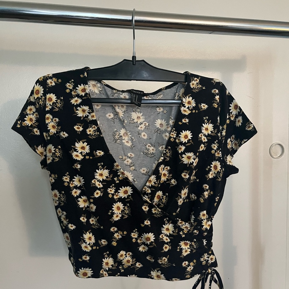 Forever 21 Black Floral Wrap Blouse